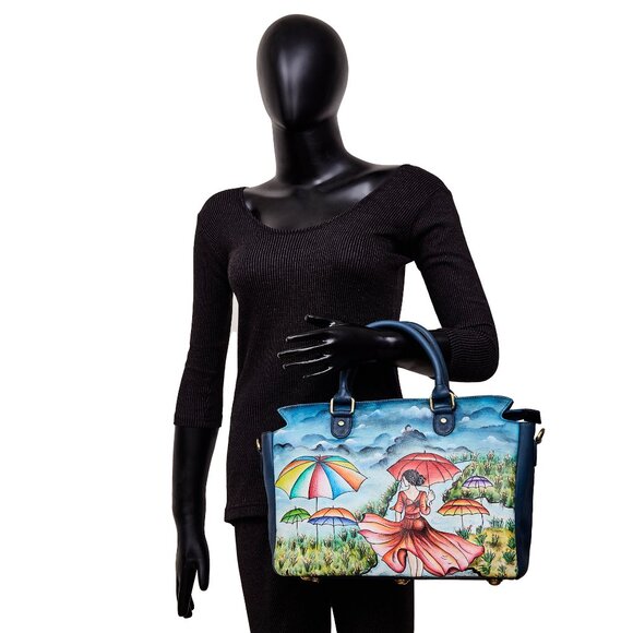 Leather Hand-Painted Women Blue Top Handle Tote Bag, Satchel Handbag, Crossbody - Picture 9 of 9